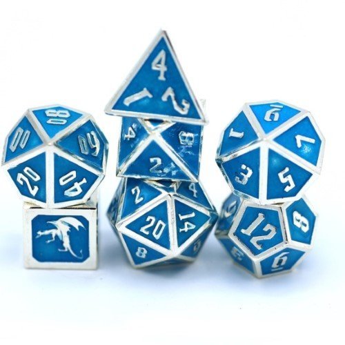 Draconis Solid Metal Polyhedral Dice set - Glow In the Dark Blue - by Hymgho | Buy at ToyShnip