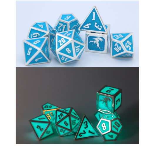 Draconis Solid Metal Polyhedral Dice set - Glow In the Dark Blue - by Hymgho | Buy at ToyShnip