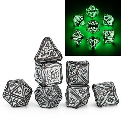 Glow in the Dark Solid Metal Druid Polyhedral Dice Set - by Hymgho | Buy at ToyShnip