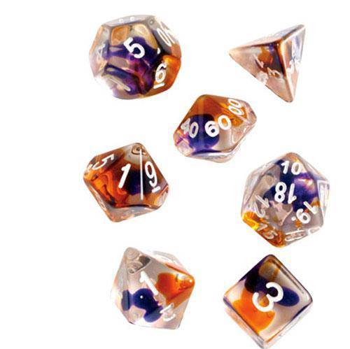 RPG Dice Set (7+1): Purple, Orange Semi-Transparent Resin - by SIRIUS DICE | Buy at ToyShnip