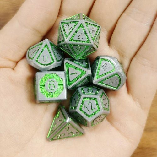 Solid Metal Leyline Dice set - Gunmetal w/ Green - by Hymgho | Buy at ToyShnip