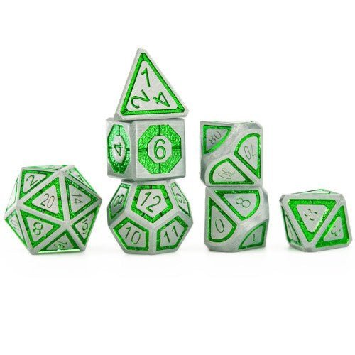 Solid Metal Leyline Dice set - Gunmetal w/ Green - by Hymgho | Buy at ToyShnip