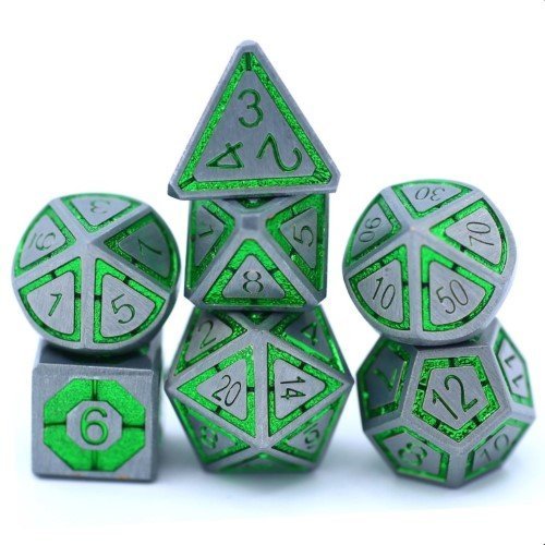 Solid Metal Leyline Dice set - Gunmetal w/ Green - by Hymgho | Buy at ToyShnip